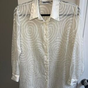 Yves St.‎ Clair Vintage Sheer Swirl Button Down Blouse White Satin Trim Size 10
